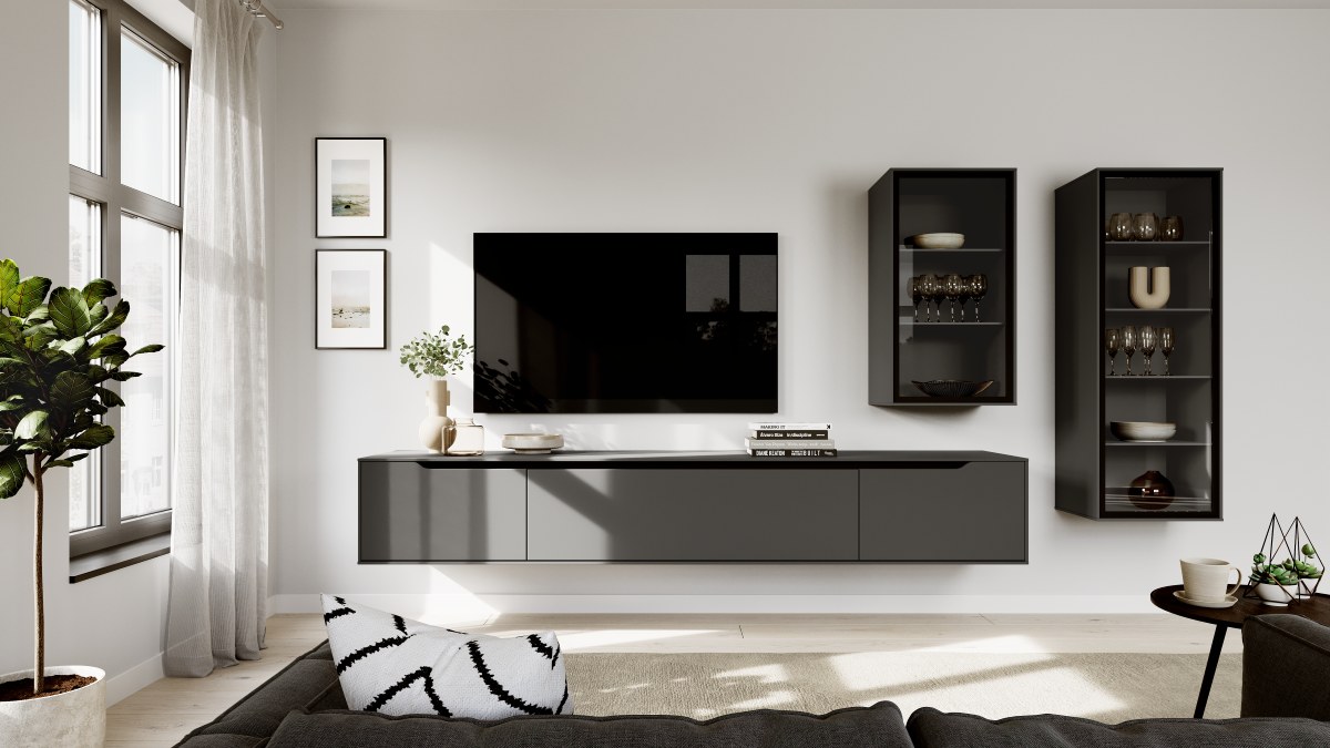 Wohnwand in Schiefergrau matt mit schwebendem Sideboard und zwei hohen Hängeschränken mit Glasfronten